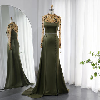 Opulent Olive: Luxury Dubai Mermaid Evening Dress with Long Sleeves for Elegant Weddings