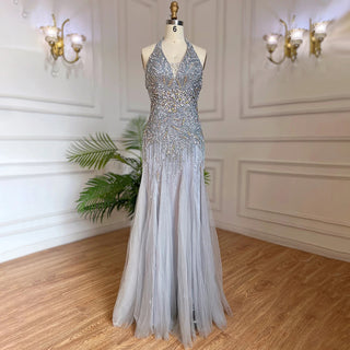 Grey Floor Length Mermaid Sexy Halter Crystal Tassel Beaded Arabic Evening Dress 2024 - Women's Gown