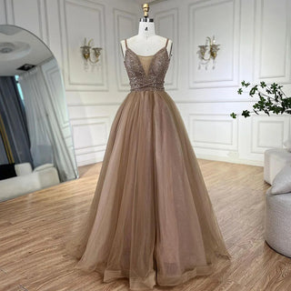 Luxurious 2024 Arabic Caramel A-Line Evening Gown with Beaded Spaghetti Straps