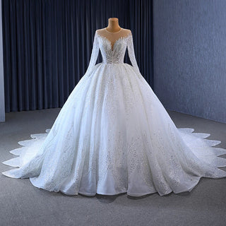 Luxury Heavy Beaded Long Sleeve Puffy Ball Gown Wedding Dress