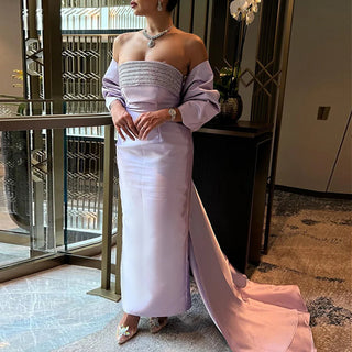 Ready to Ship - Arabic Purple Mermaid Satin Evening Dress with Jacket: Elegant Beaded Gown for Women's Wedding Party 2024