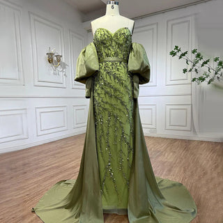 Arabic Olive Satin Mermaid Strapless Puff Sleeves Beaded Evening Dress - Gown for Women's Wedding Party 2024