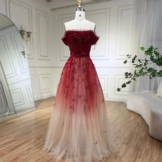 Gradual Change Red A-Line Elegant Evening Dress 2024 - Beading Sequins, Boat Neck Formal Dress Design