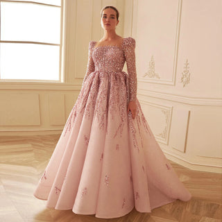 Dusty Pink Long Sleeves Dubai Luxury Evening Dresses for Women Wedding Party Arabic Muslim Formal Prom Gowns