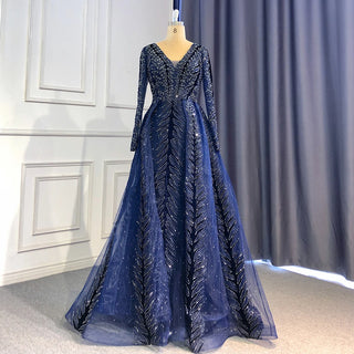 Elegant Navy Blue Velvet Mermaid Evening Dress with Beaded Long Sleeves - Women's Formal Gown