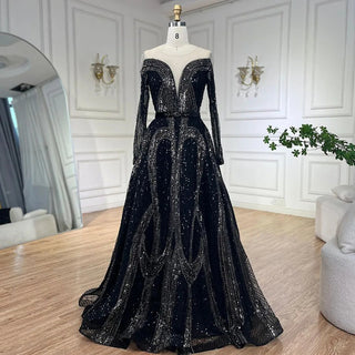 Elegant Arabic Black A-Line Evening Gown with Shiny Beaded Detailing For Women’s Wedding Party 2024