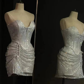 Silver Mini Dress with Sweetheart Neckline - Sexy Short Fashion Dress