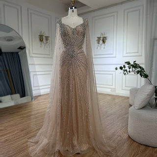 Ships in 2 to 5 Days - 2025 Nude Saudi Arabic Beaded Evening Gown with Cape Sleeves – Customized Elegance