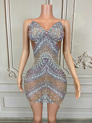 Exquisite Rhinestone Embellished Mini Dress with Fringe Accents