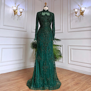 Ships in 1 to 3 Days - Muslim Green Mermaid Lace Beaded Crystal Luxury Dubai Evening Dresses Gowns For Women Wedding Party 2024