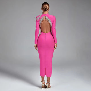 Ships in 1 to 3 Days - Elegant Beaded Backless Midi Dress with Diamond Tassels - Sexy Long Sleeve Rhinestone Bandage Cocktail Dress