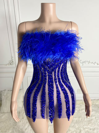 Ships in 1 to 3 Days - Bold Blue Sequined Mini Dress with Feather Trim