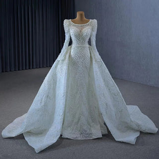 Luxury Pearls Long Sleeve Mermaid Wedding Dress with Train