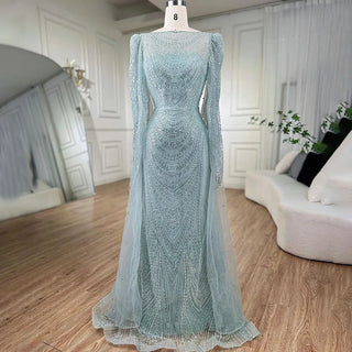 Turquoise Cape Sleeves Luxury Beaded Mermaid Arabic Evening Dress Gown for Women Wedding Party 2024