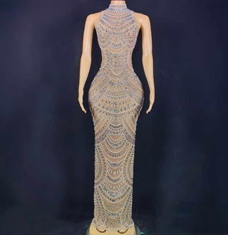 Exquisite Crystal-Embellished High-Neck Gown