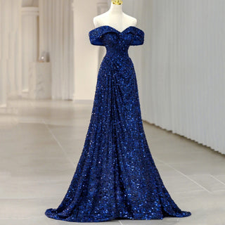 New Blue A-Line Prom Dress with Sequins and Off-Shoulder Design