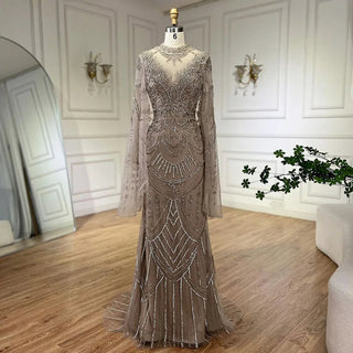 Ships in 1 to 3 Days - Dubai Gray Elegant Mermaid Lace Evening Dress - Luxurious Beaded Arabic Style for Women's Wedding Party 2024