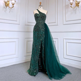 Sexy Green Beaded One Shoulder Mermaid Evening Dress With Overskirt: Luxury Gowns 2024 For Women Party