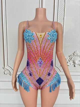 Vibrant Rhinestone Embellished Bodysuit with Fringe Detail