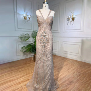 Caramel Mermaid Sexy Spaghetti Straps Beaded Luxury Evening Dress - 2024 Collection.