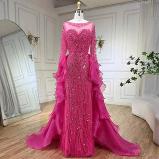 Fuchsia Mermaid Over Skirt Beaded Luxury Dubai Long Evening Dresses: Gowns for Women's Wedding Party 2024