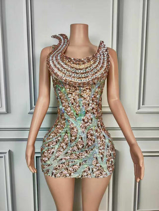 Luxurious Sequin Embellished Mini Dress with Artistic Swirl Design