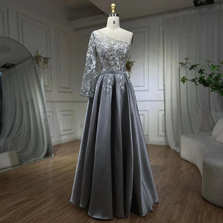 2024 Grey Satin Elegant Evening Dress: One Shoulder, Handmade Flowers, A-Line Formal Gown