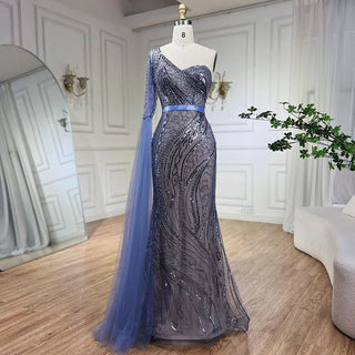 2024 Blue Mermaid One Shoulder Elegant Cap Sleeve Beaded Evening Dress Gown for Women Wedding Party