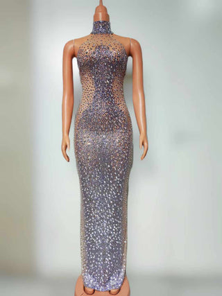 Elegant Crystal-Embellished High-Neck Gown