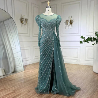 2024 Arabic Turquoise Mermaid Split Beaded Luxury Dubai Long Evening Dresses Gowns for Women's Wedding Party