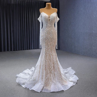 Ivory Crystals Off-The-Shoulder Full Sleeves Beaded Mermaid Wedding Dress