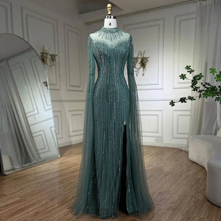 Arabic Turquoise Mermaid Evening Gown with Cape Sleeves and Split, Beaded Detail - Perfect for Women's Wedding, Prom, or Party