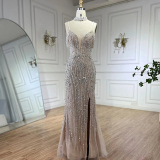 Dubai Silver Nude Spaghetti Strap Evening Dress - Luxurious Beaded Prom Gown for Women's Party 2024