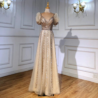 Ships in 1 to 3 Days - Taupe Luxury Short Sleeves Evening Gown 2024 with Beaded A-Line - Perfect for Women's Wedding Parties