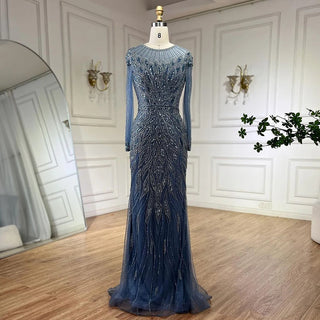 Muslim Blue Mermaid Luxury Beaded Dubai Long Evening Dress - Gown for Women's Wedding Party 2024