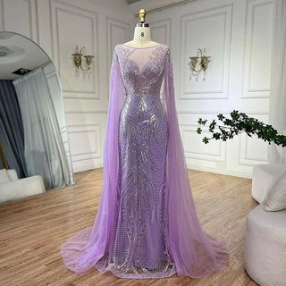 Luxury Dubai Arabic Lilac Cape Sleeves Mermaid Beaded Evening Dresses Gowns for Women