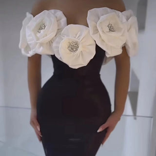 High-Quality Luxury White Strapless Bodycon Evening Dress with Large 3D Flowers - Elegant Bandage Dress for Women