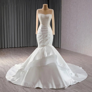 Exclusive Long Sleeve Satin Mermaid Wedding Dress with Pearls and Ruffles