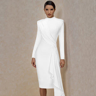 Elegant White Long Sleeve Knee-Length Bandage Dress - Formal Fitted Dress for Women