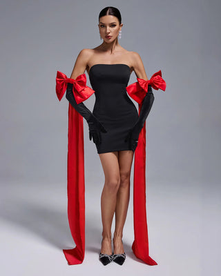 Sexy Strapless Black Bodycon Club Dress - Short Party Dress with Red Bow Gloves for Women