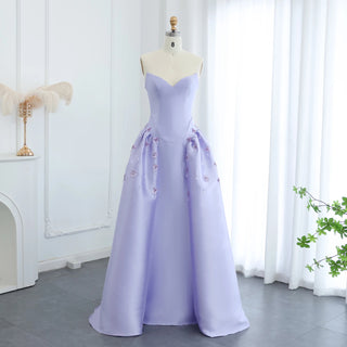 Arabia Lilac Satin A-Line Strapless Beaded Luxury Evening Dress - Women's Wedding Party 2024