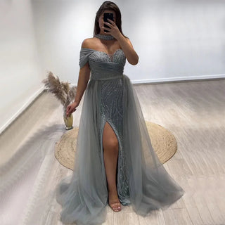 Arabic Turquoise One-Shoulder Beaded Mermaid High Split Evening Dress - Women's Party Gowns 2024