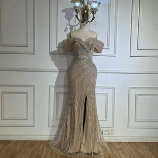 Ships in 2 to 5 Days - Silver Nude Mermaid Beaded Evening Dress with High Split – 2025 Customized Arabic Elegance