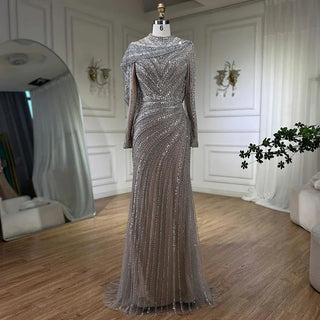 2024 Muslim Silver Nude Beaded Sparkle Elegant Luxury Mermaid Evening Dresses: Gowns for Women's Party