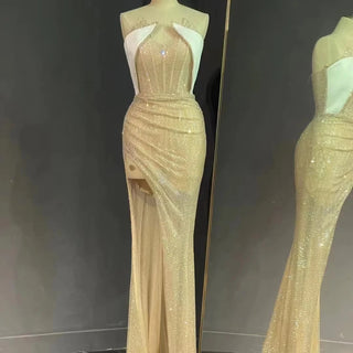 Sexy Champagne Mermaid Dress with High Slit and V-Neck - Stage Evening Fashion Dress