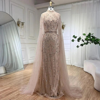 Ships in 1 to 3 Days - Modest Nude Mermaid Evening Dress with Cape Sleeves - Pearls Beaded Luxury Dubai Gown for 2024 Women's Wedding Party