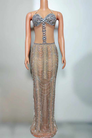 Crystal Embellished Halter Gown with Sheer Illusion Details