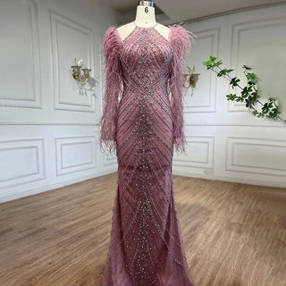 Pink Feathers Mermaid Elegant Long Evening Dress 2024 - Luxury Dubai Gowns for Women's Wedding Party