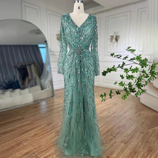 Ships in 1 to 3 Days - Arabic Turquoise Elegant Mermaid Evening Gown: Beaded Open Split for Women's Wedding Party 2024