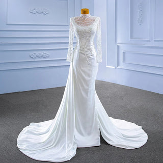 Elegant Satin High Neck Lace Mermaid Wedding Dress with Tail